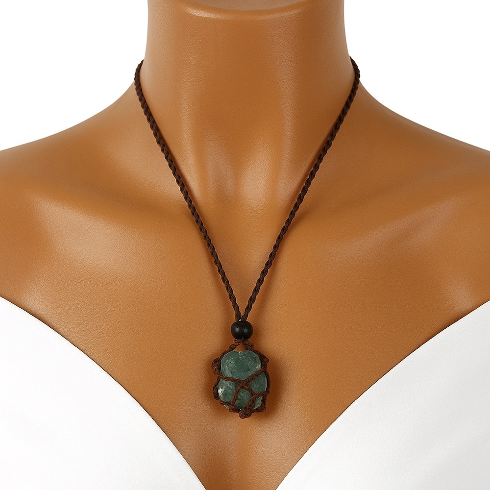 HAND CRAFTED Prayer Stone Necklace Green Strawberry Black Adjustable Slider NWOT